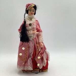 Vintage Souvenir Folk Doll Traditional Middle Eastern Costume Pink Lace Dress
